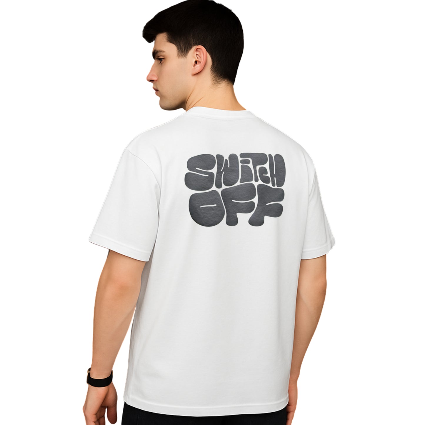 WHT YOU WEAR Switch Off Bubble Text Graphic Oversized T-Shirt for Men