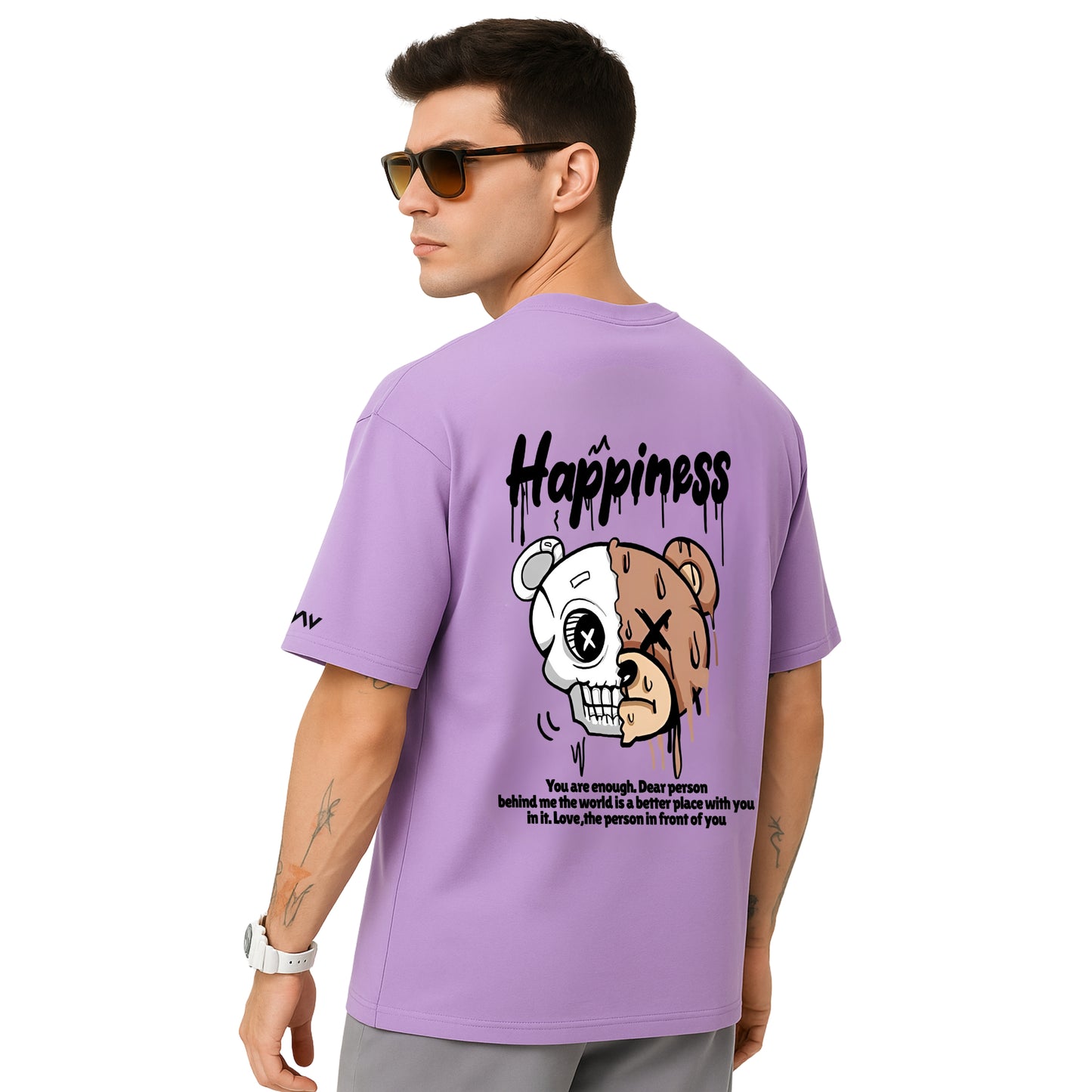 WHT YOU WEAR Happiness Bear Split Skull Graphic Oversized T-Shirt for Men