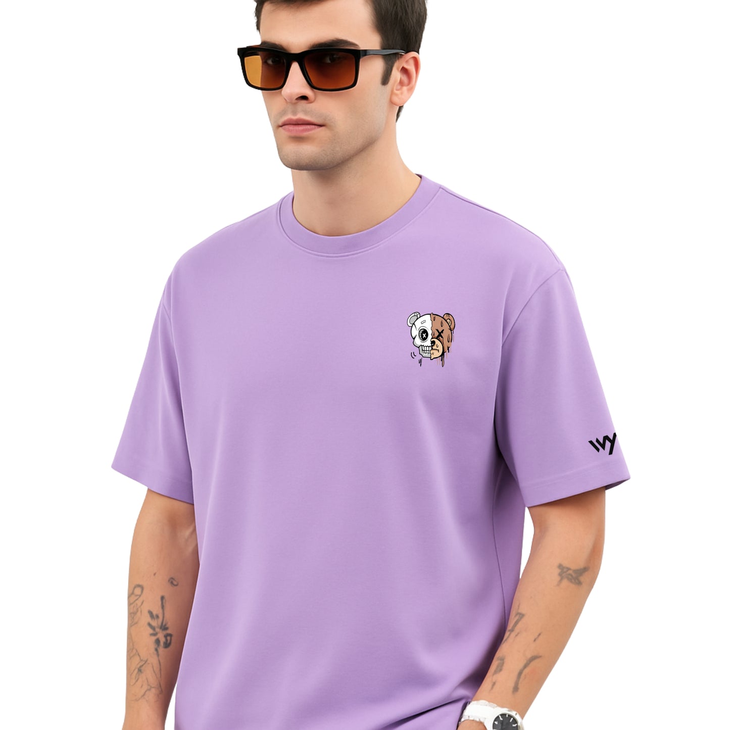 WHT YOU WEAR Happiness Bear Split Skull Graphic Oversized T-Shirt for Men