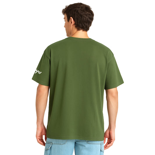 WHT YOU WEAR Solid Oversize Round Neck Olive T-Shirt for Men