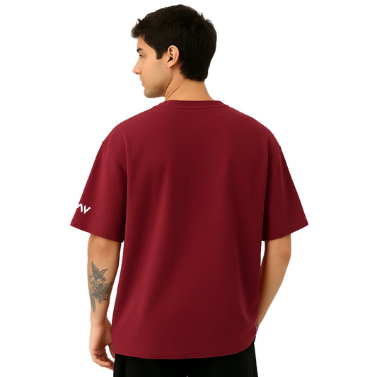 WHT YOU WEAR Solid Oversize Round Neck Maroon T-Shirt for Men