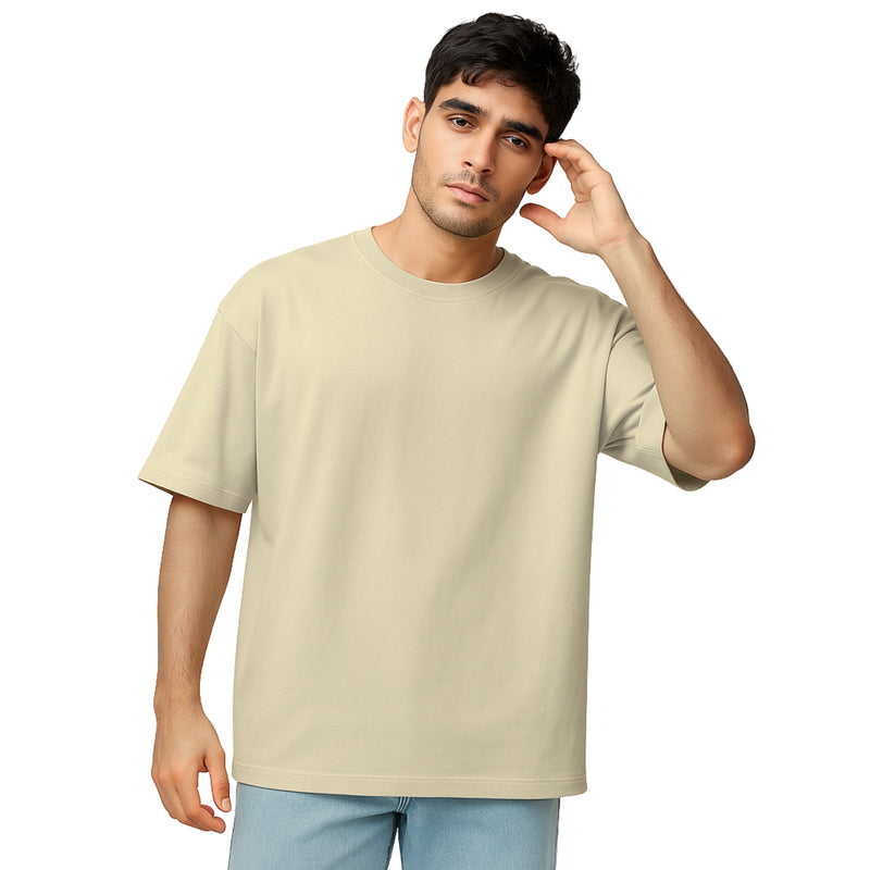 WHT YOU WEAR Solid Oversize Round Neck Beige T-Shirt for Men