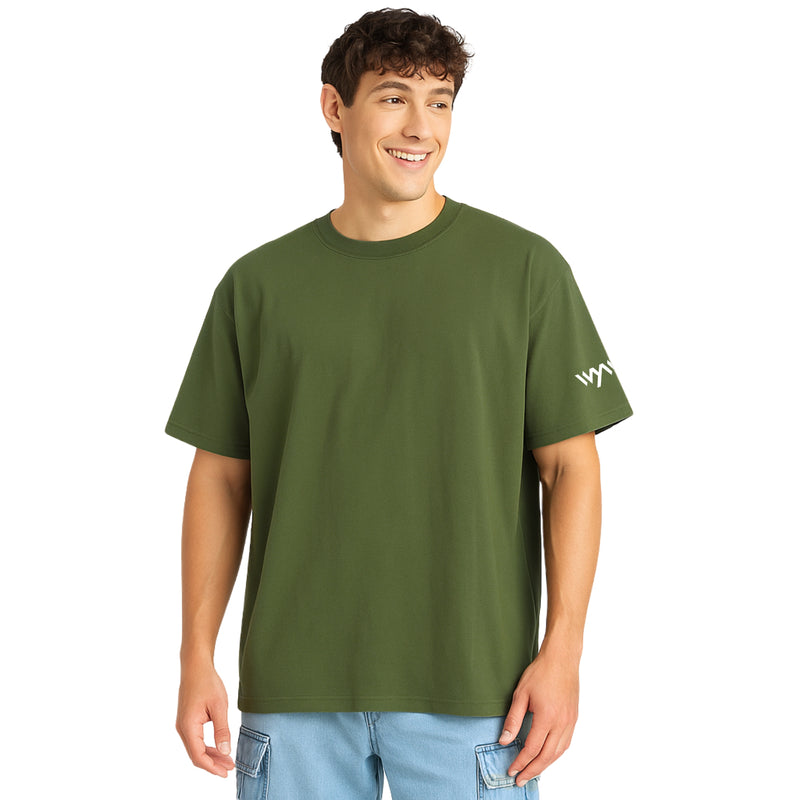 WHT YOU WEAR Solid Oversize Round Neck Olive T-Shirt for Men