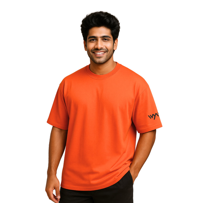 WHT YOU WEAR Solid Oversize Round Neck Orange T-Shirt for Men