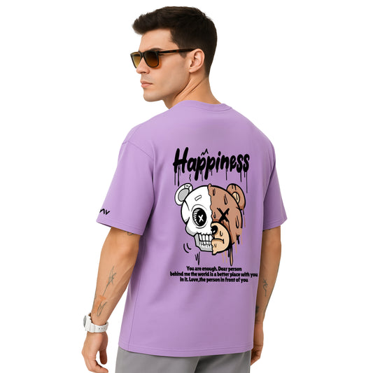 WHT YOU WEAR Happiness Bear Split Skull Graphic Oversized T-Shirt for Men