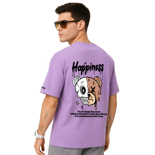 WHT YOU WEAR Happiness Bear Split Skull Graphic Oversized T-Shirt for Men