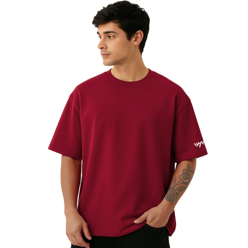 WHT YOU WEAR Solid Oversize Round Neck Maroon T-Shirt for Men