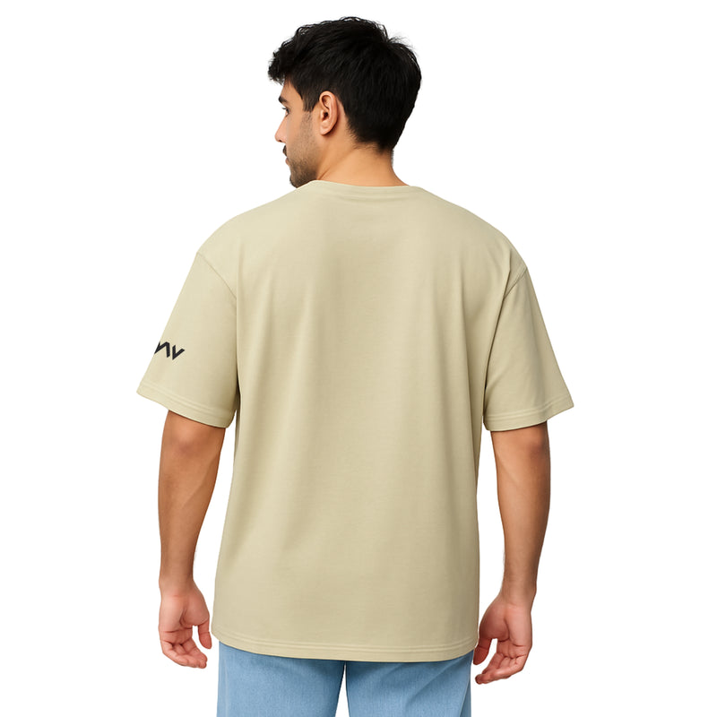 WHT YOU WEAR Solid Oversize Round Neck Beige T-Shirt for Men