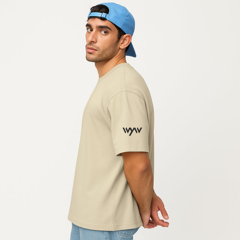 WHT YOU WEAR Solid Oversize Round Neck Beige T-Shirt for Men