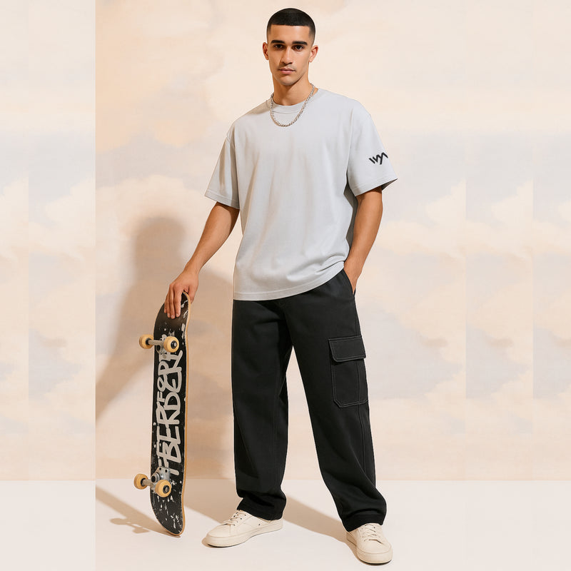 WHT YOU WEAR Solid Oversize Round Neck Grey T-Shirt for Men