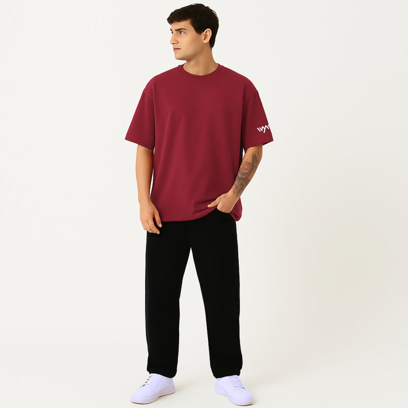 WHT YOU WEAR Solid Oversize Round Neck Maroon T-Shirt for Men