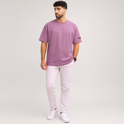 WHT YOU WEAR Solid Oversize Round Neck Pink T-Shirt for Men