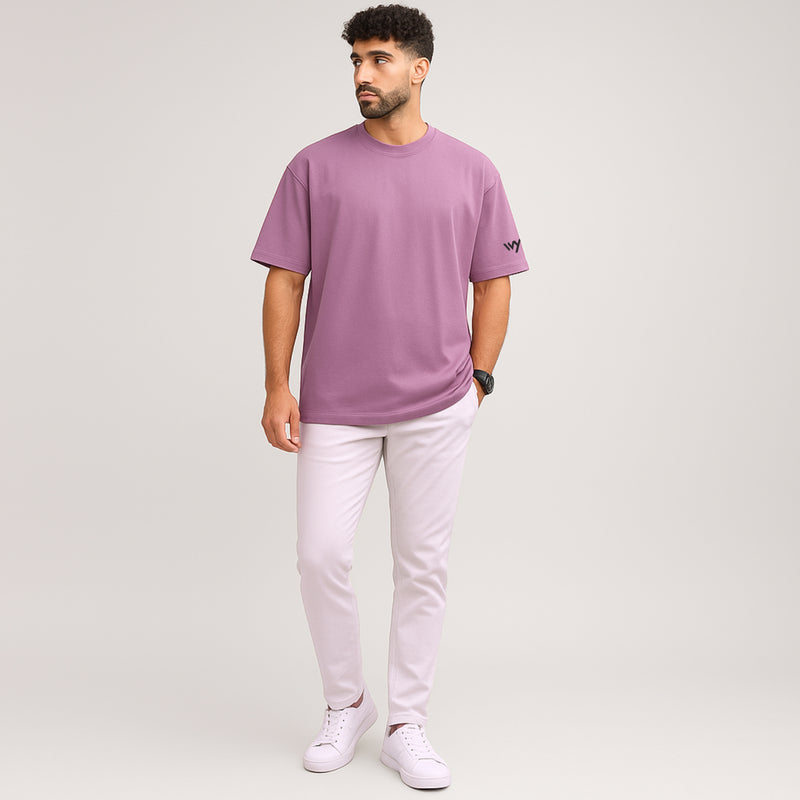 WHT YOU WEAR Solid Oversize Round Neck Pink T-Shirt for Men
