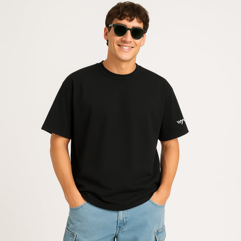 WHT YOU WEAR Solid Oversize Round Neck Black T-Shirt for Men