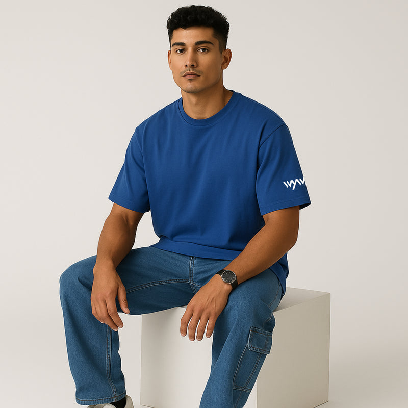 WHT YOU WEAR Solid Oversize Round Neck Blue T-Shirt for Men