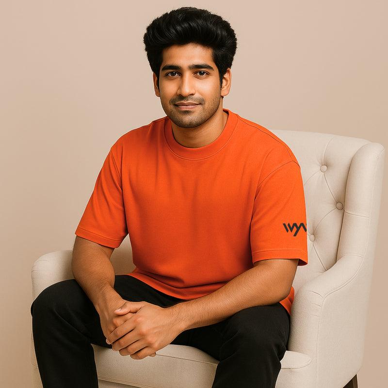 WHT YOU WEAR Solid Oversize Round Neck Orange T-Shirt for Men