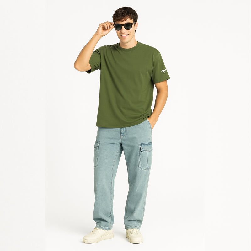 WHT YOU WEAR Solid Oversize Round Neck Olive T-Shirt for Men
