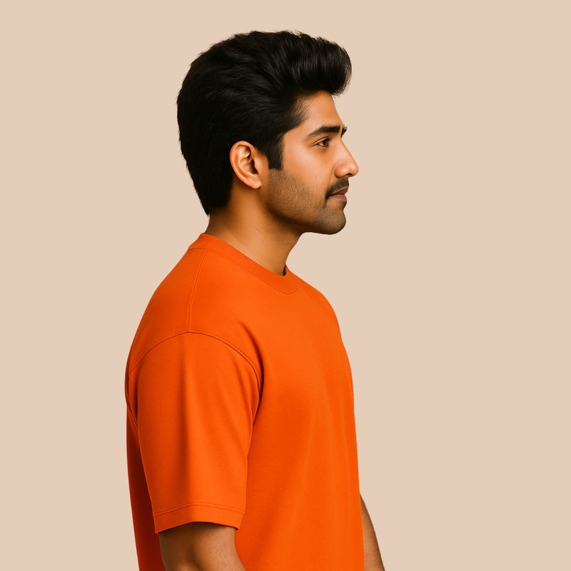 WHT YOU WEAR Solid Oversize Round Neck Orange T-Shirt for Men