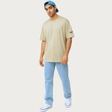 WHT YOU WEAR Solid Oversize Round Neck Beige T-Shirt for Men