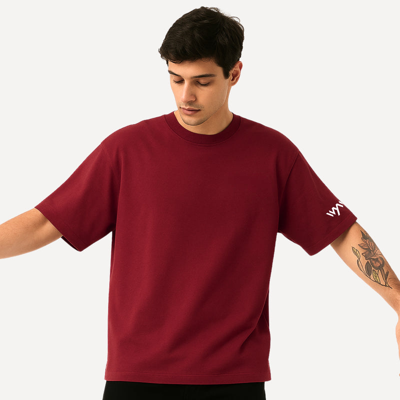 WHT YOU WEAR Solid Oversize Round Neck Maroon T-Shirt for Men
