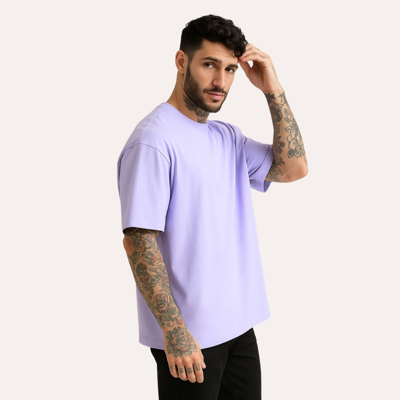 WHT YOU WEAR Solid Oversize Round Neck Lavender T-Shirt for Men