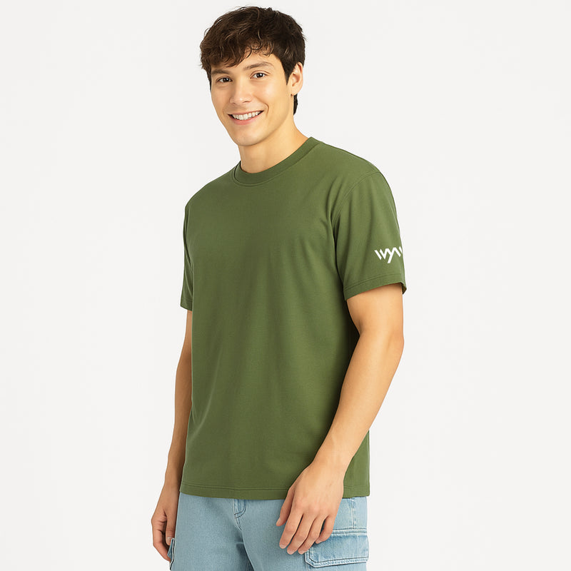 WHT YOU WEAR Solid Oversize Round Neck Olive T-Shirt for Men