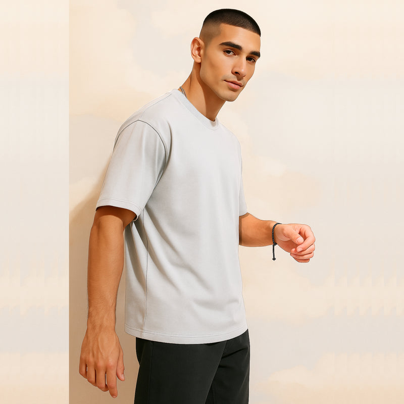 WHT YOU WEAR Solid Oversize Round Neck Grey T-Shirt for Men