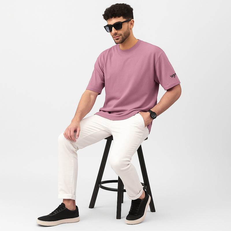 WHT YOU WEAR Solid Oversize Round Neck Pink T-Shirt for Men