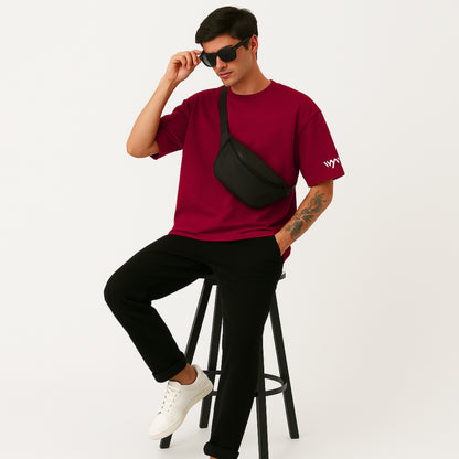 WHT YOU WEAR Solid Oversize Round Neck Maroon T-Shirt for Men