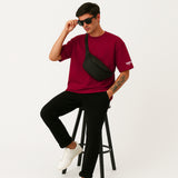 WHT YOU WEAR Solid Oversize Round Neck Maroon T-Shirt for Men