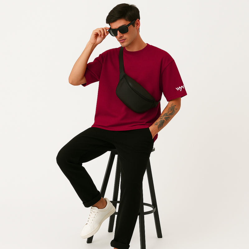 WHT YOU WEAR Solid Oversize Round Neck Maroon T-Shirt for Men