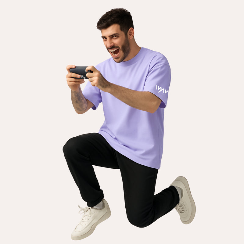 WHT YOU WEAR Solid Oversize Round Neck Lavender T-Shirt for Men