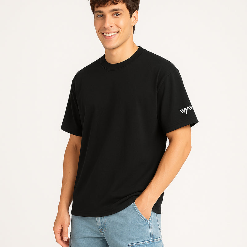 WHT YOU WEAR Solid Oversize Round Neck Black T-Shirt for Men