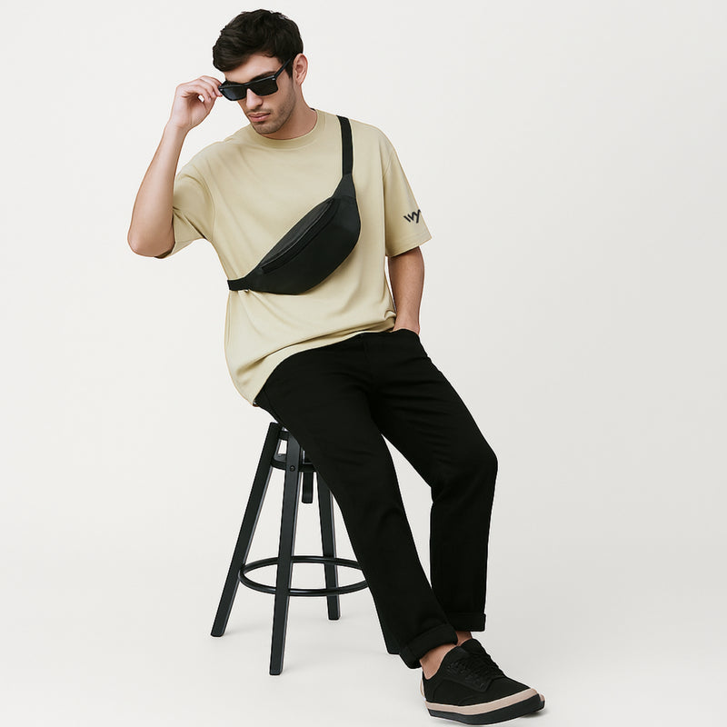 WHT YOU WEAR Solid Oversize Round Neck Beige T-Shirt for Men